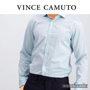 Vince Camuto men slim fit long sleeve light blue twill check dress shirt